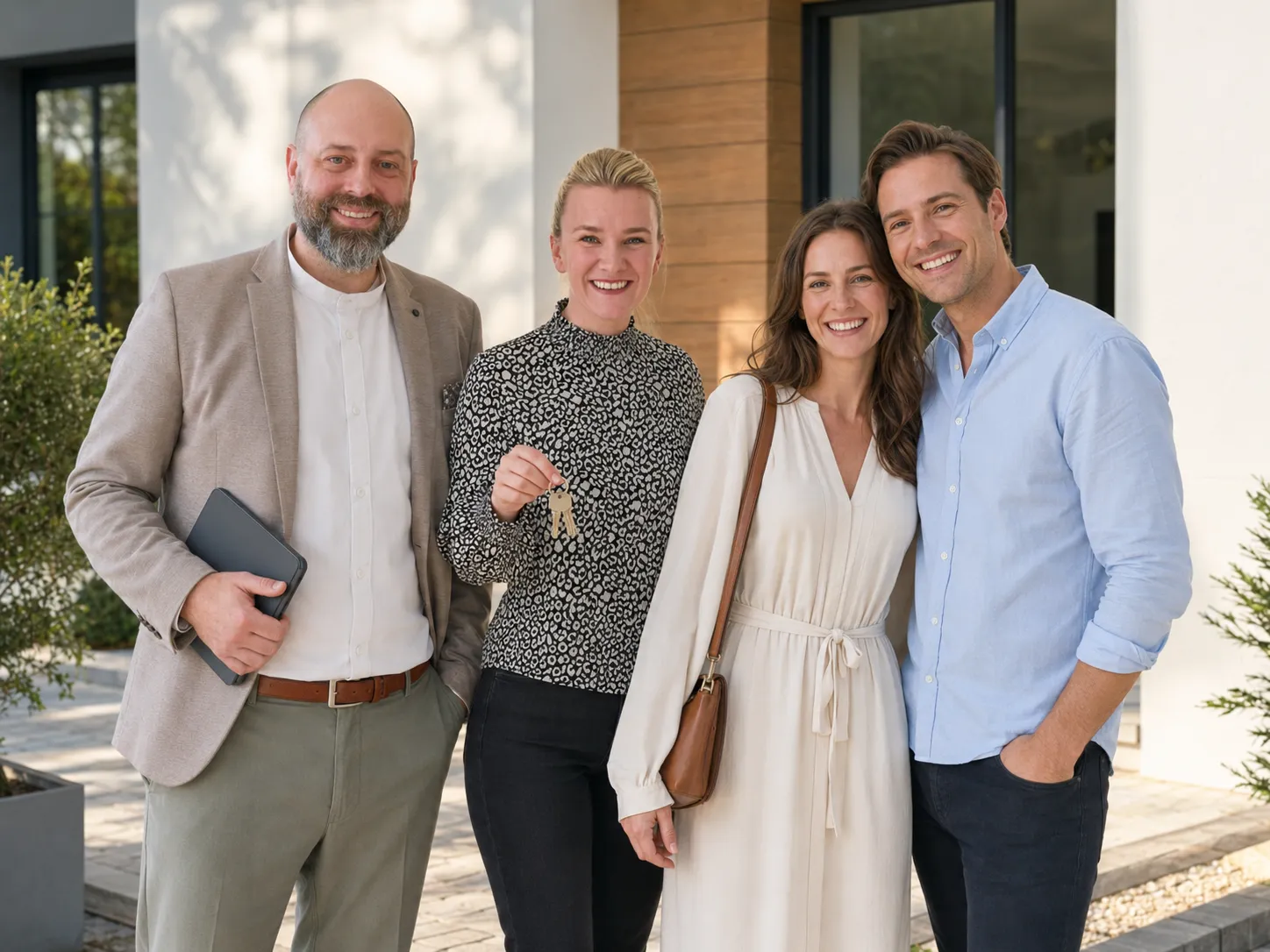 Schlüsselübergabe an glückliche Käufer vor ihrem neuen Haus · IMMO Holm