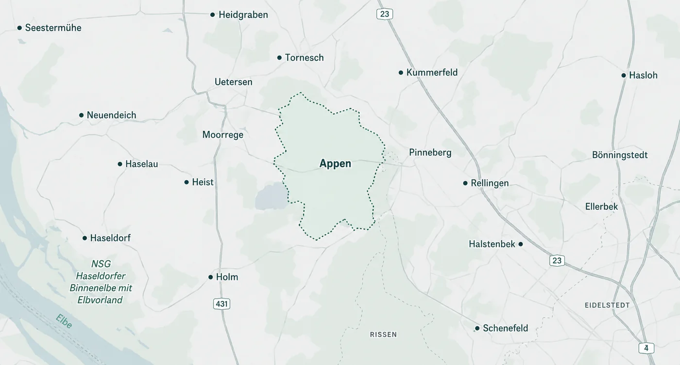 Karte des Maklergebiets rund um 25482 Appen mit den Nachbarorten