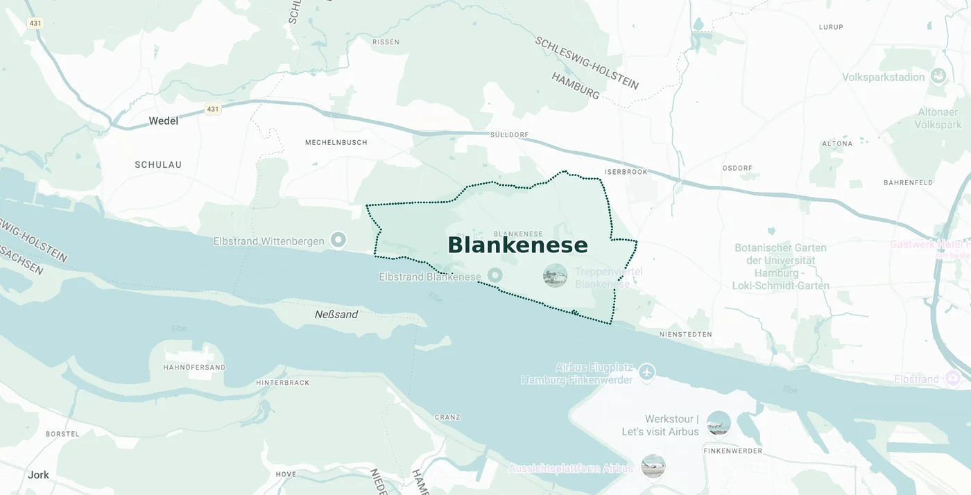 Karte des Maklergebiets rund um 22587 Hamburg-Blankenese mit den Nachbarorten