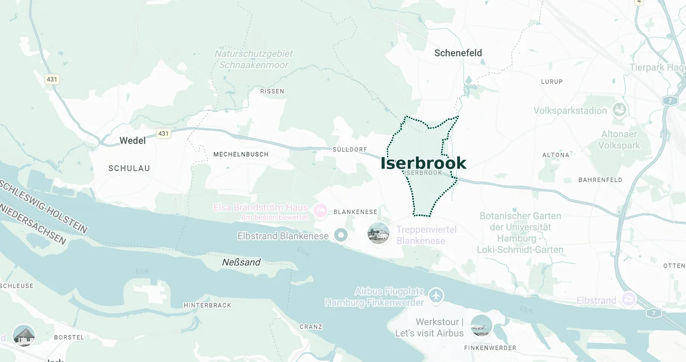 Karte des Maklergebiets rund um 22589 Hamburg-Iserbrook mit den Nachbarorten