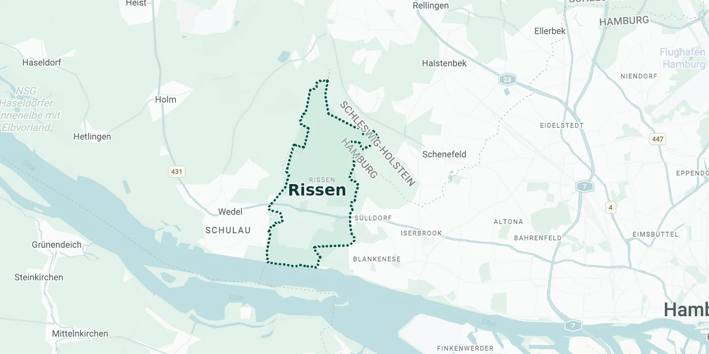 Karte des Maklergebiets rund um 22559 Hamburg-Rissen mit den Nachbarorten