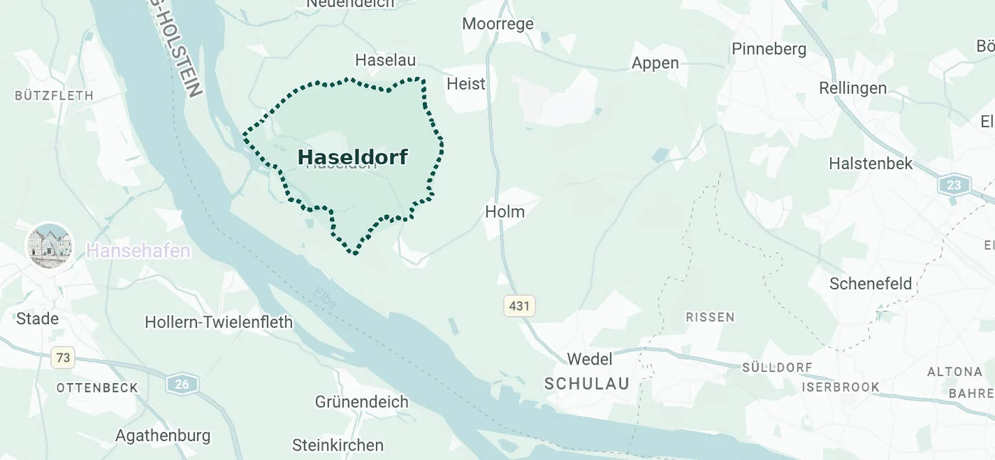 Karte des Maklergebiets rund um 25489 Haseldorf mit den Nachbarorten