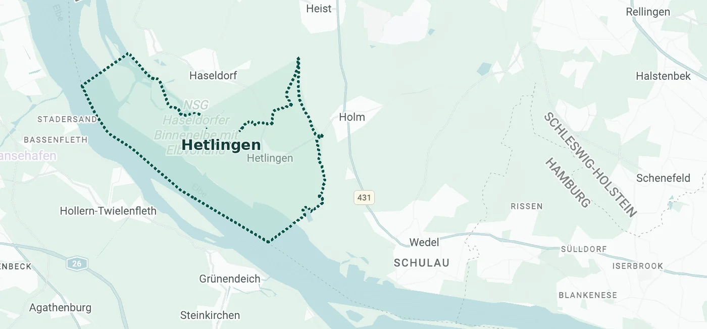 Karte des Maklergebiets rund um 25491 Hetlingen mit den Nachbarorten