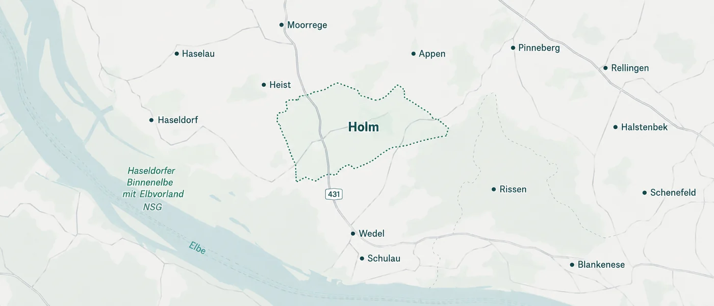 Karte des Maklergebiets rund um 25488 Holm mit den Nachbarorten