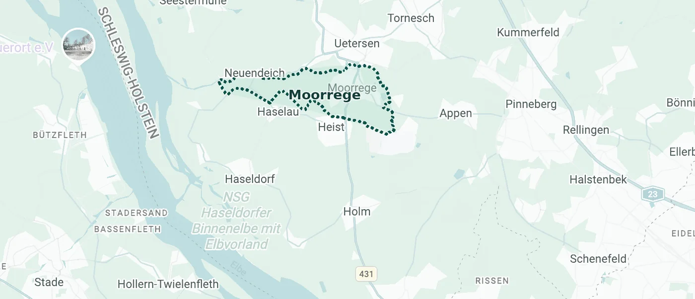 Karte des Maklergebiets rund um 25436 Moorrege mit den Nachbarorten