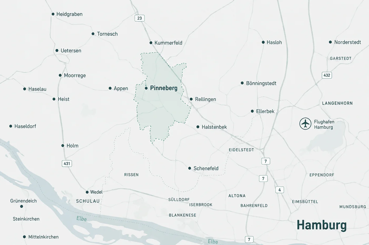 Karte des Maklergebiets rund um 25421 Pinneberg mit den Nachbarorten