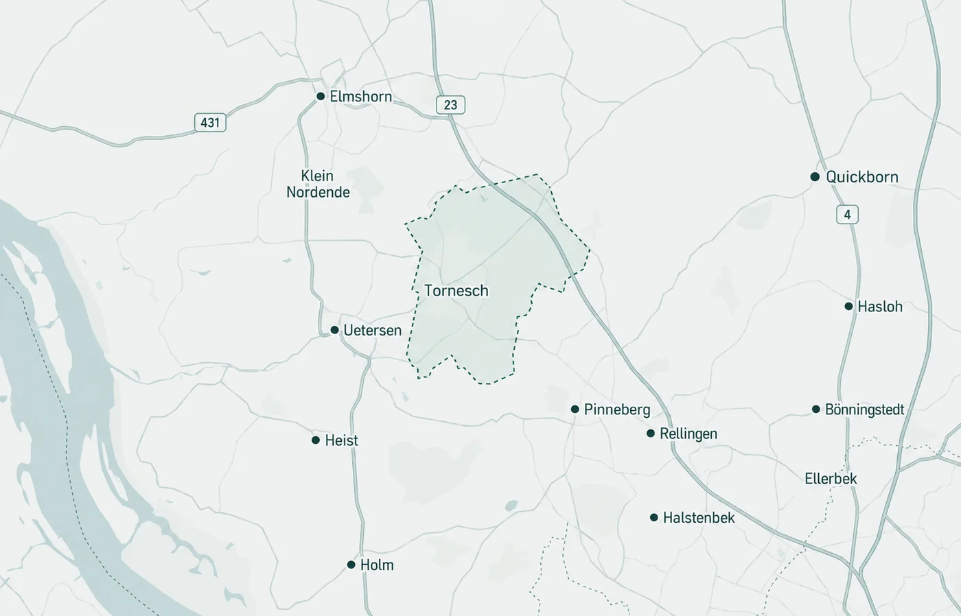 Karte des Maklergebiets rund um 25436 Tornesch mit den Nachbarorten