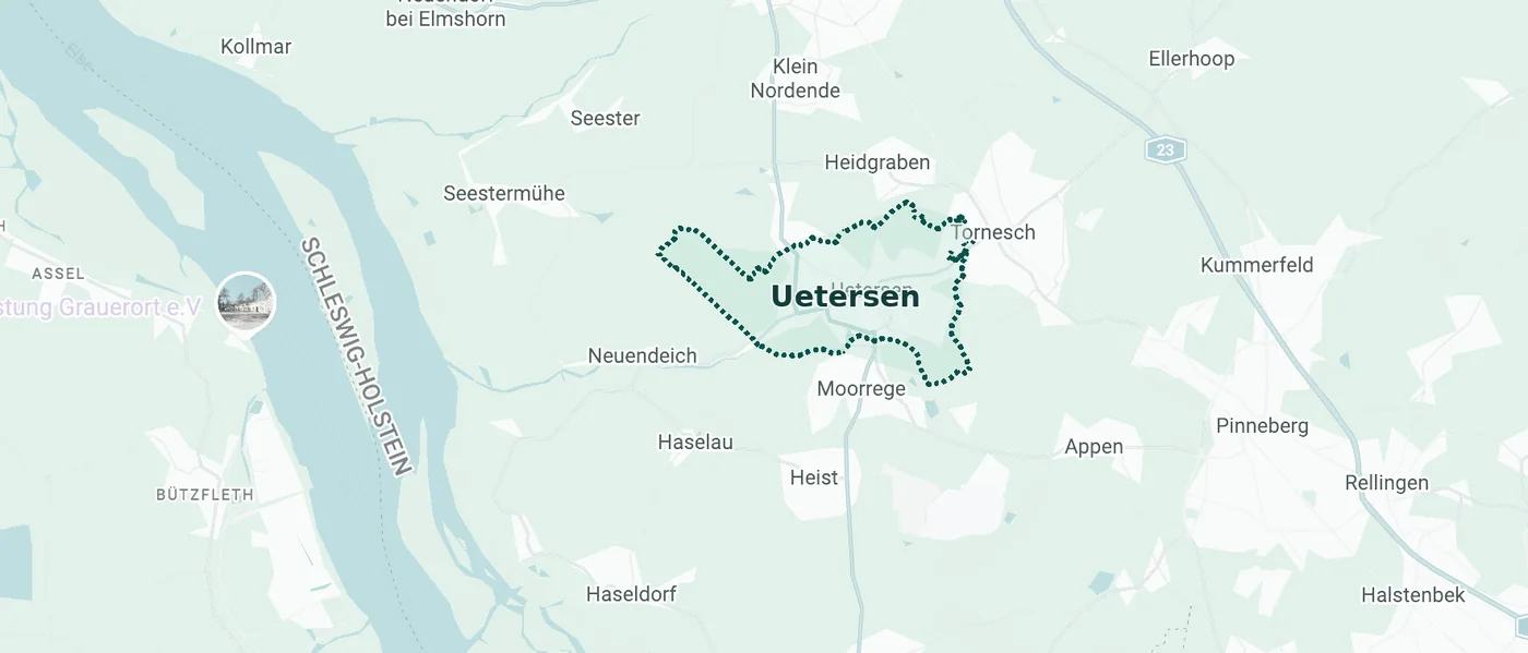 Karte des Maklergebiets rund um 25436 Uetersen mit den Nachbarorten